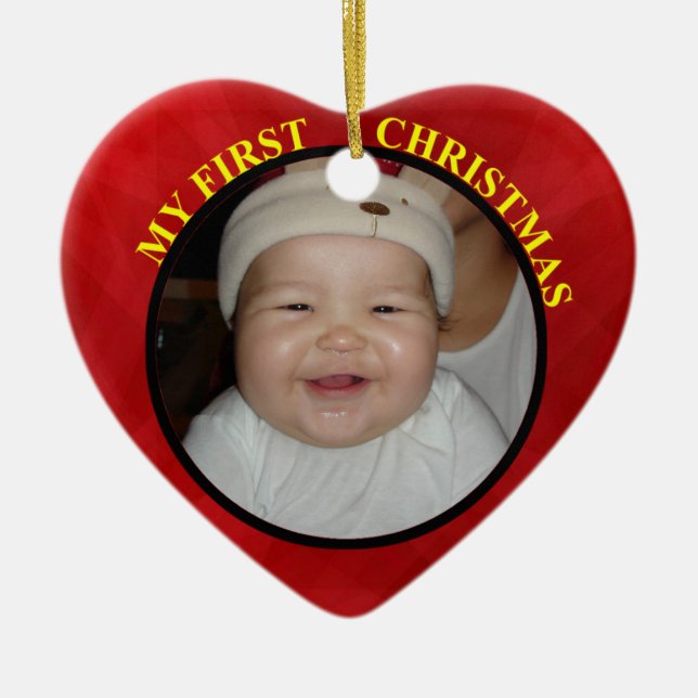 Premier ornement photo du coeur rouge de Noël du b (Devant)