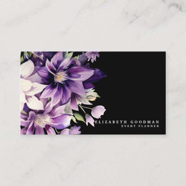 Premier Purple Floral Black Business Cards (Front)
