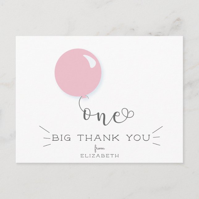 Première Anniversaire Pink Balloon Merci Carte pos (Devant)