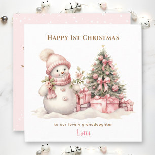 Première carte de Noël rose Vintage Snowman Girl