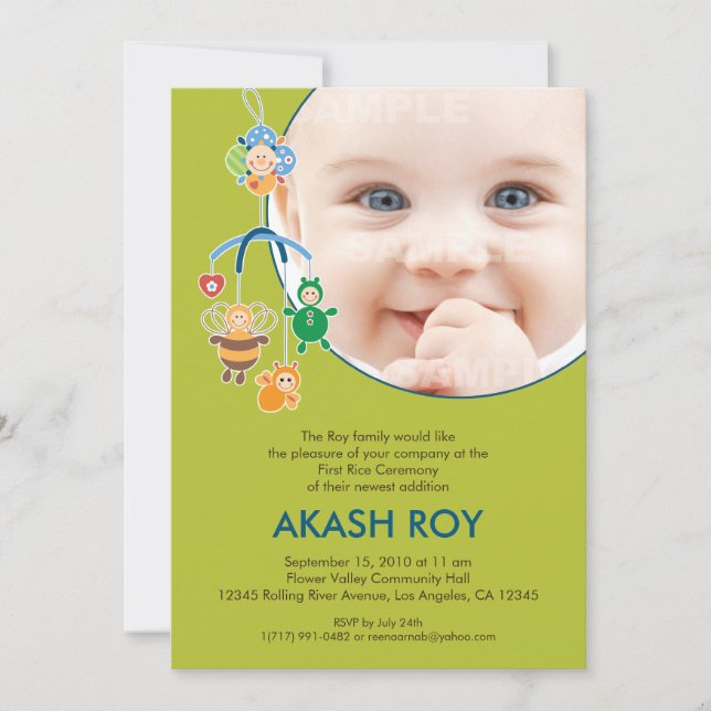 Première cérémonie de riz Baby Mobile Invitation (Devant)
