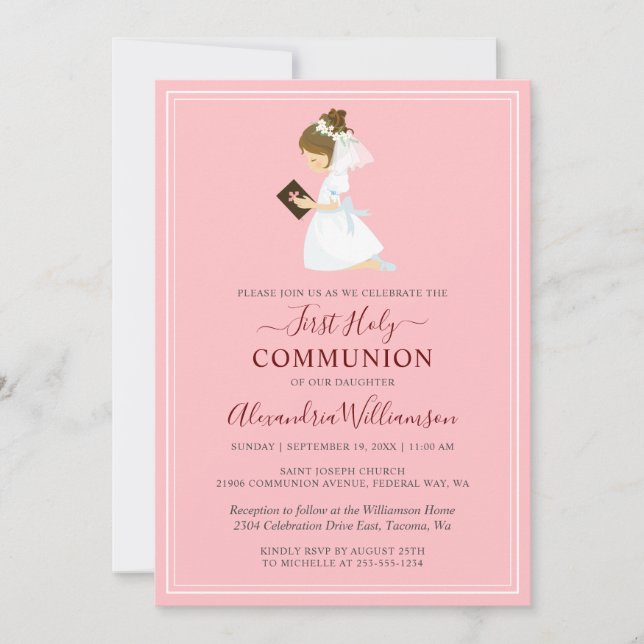 Première Communion Brunette Girl Pink Invitation (Devant)