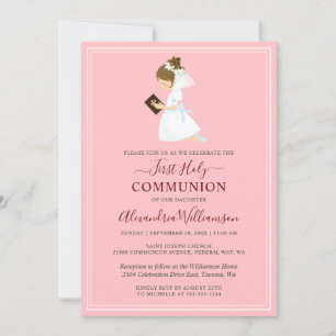 Première Communion Brunette Girl Pink Invitation