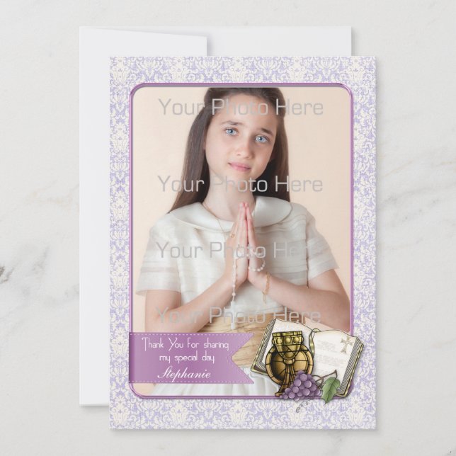 Première communion, Carte photo pourpre Damas (Devant)