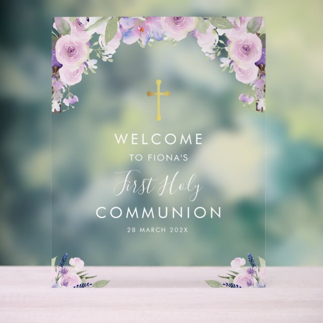 Première communion fleurie violette bienvenue (Neutre)