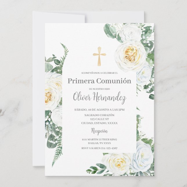 Première communion florale blanche Invitation espa (Devant)