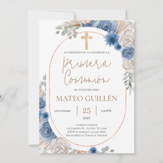 Première Communion Florale Bleue Invitation Espagn (Devant)