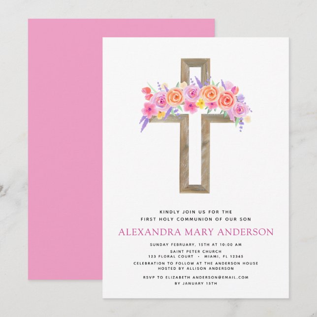 Première Communion Pastel Floral Pink Invitation (Devant / Derrière)