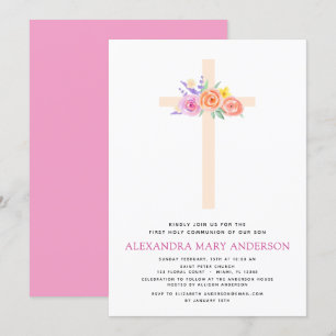 Première Communion Pastel Floral Pink Invitation