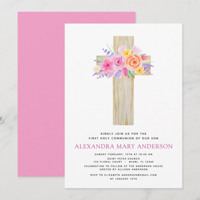 Première Communion Pastel Floral Pink Invitation (Devant / Derrière)