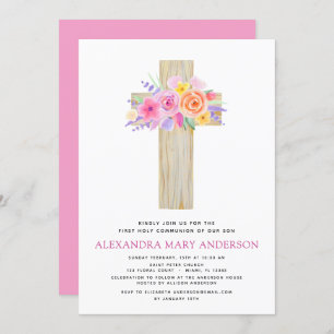 Première Communion Pastel Floral Pink Invitation