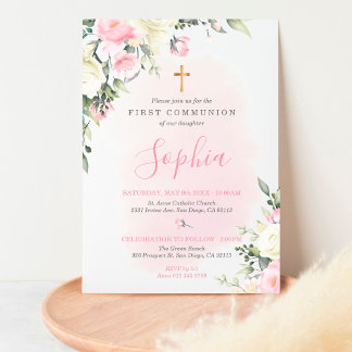 Première communion rose rousse Invitation pour fil