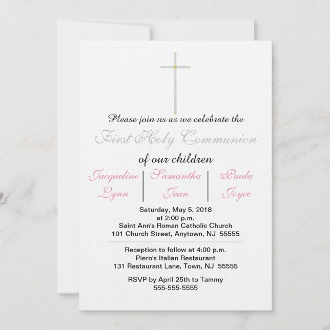 Première Communion rose Triplets Invitations (Devant)