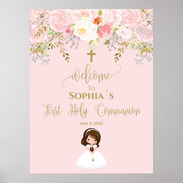 Première communion welcome sign girl poster (Devant)