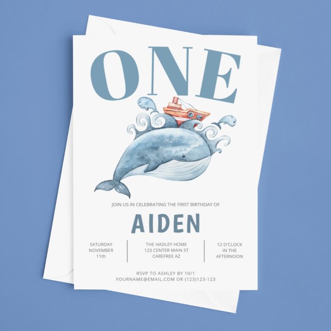 Première fête d'anniversaire Blue Whale Invitation (Créateur téléchargé)