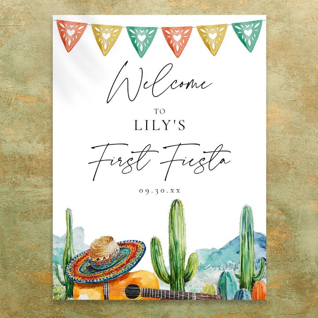 Première Fiesta d'aquarelle 1ère Affiche de bienve (Watercolor First Fiesta 1st Birthday Welcome Sign)