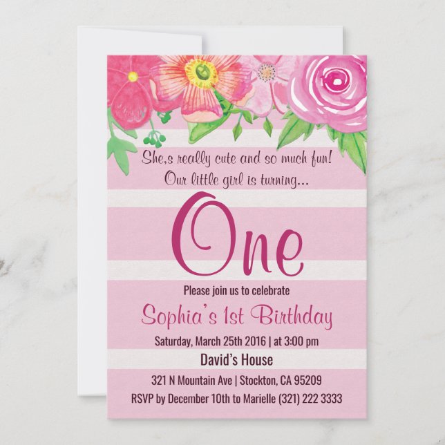 Première fille 1er anniversaire Invitation de fête (Devant)