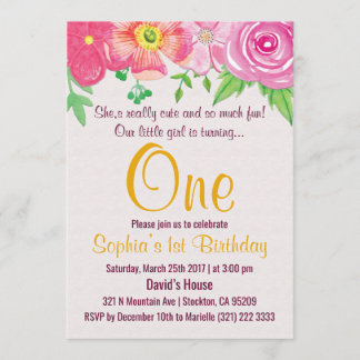Première fille 1er Floral Anniversaire Invitation