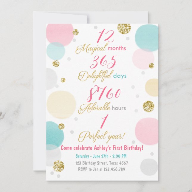 Première invitation à l'anniversaire Girl Pink Gol (Devant)