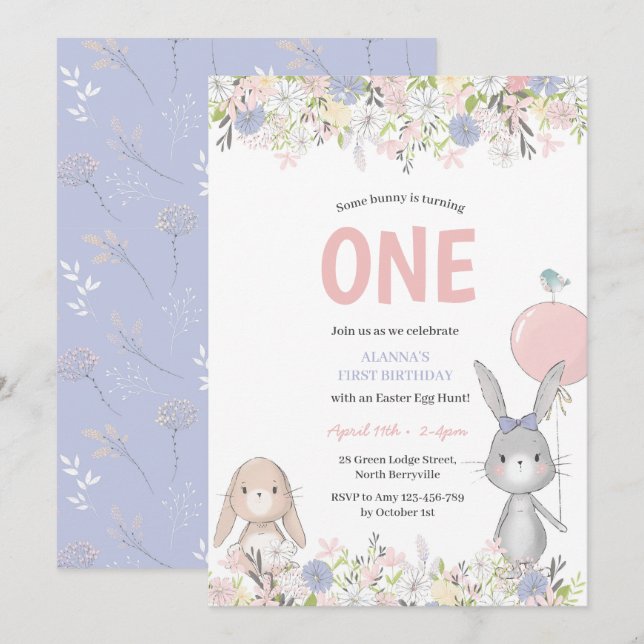 Première Invitation Bunny Pâques Anniversaire (Devant / Derrière)