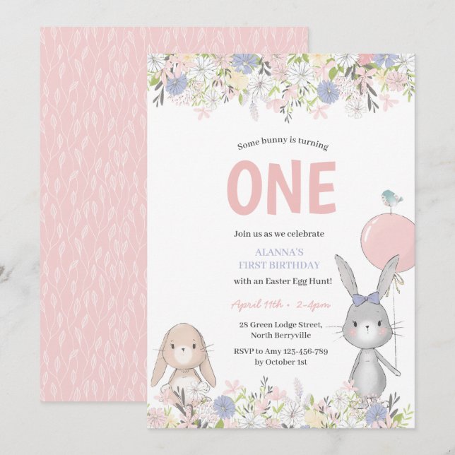 Première Invitation Bunny Pâques Anniversaire (Devant / Derrière)