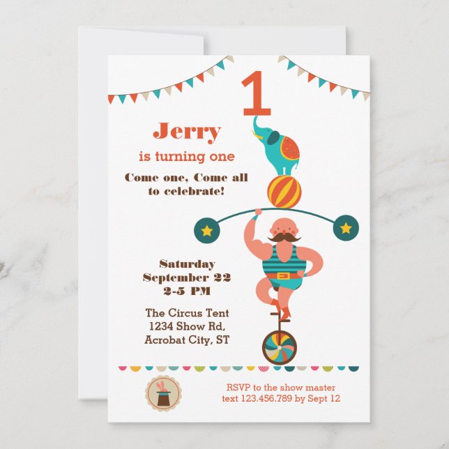 Première invitation d'anniversaire de cirque (Devant)