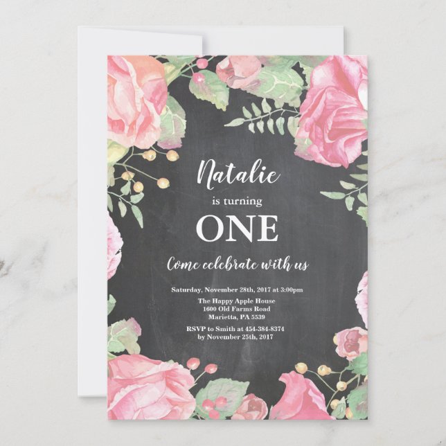 Première Invitation d'anniversaire Pink Floral (Devant)