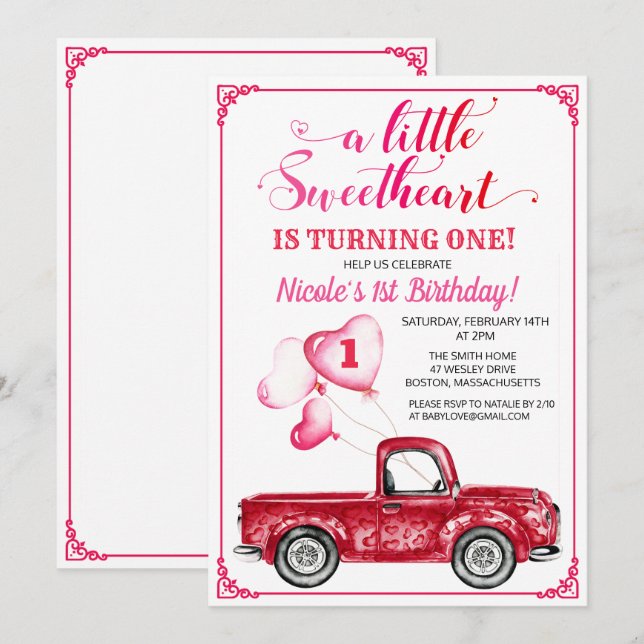 Première Invitation de Balloon Coeurs Anniversaire (Devant / Derrière)