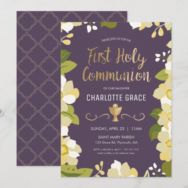 Première Invitation de la Communion, Floral avec C (Devant / Derrière)
