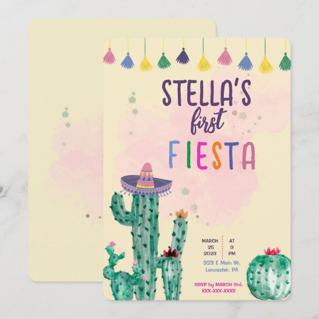 première invitation de premier anniversaire FIESTA (Devant / Derrière)