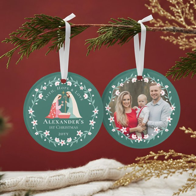 Première photo de Noël de la Nativité religieuse d (Baby's First Christmas Religious Nativity Photo Ornament)