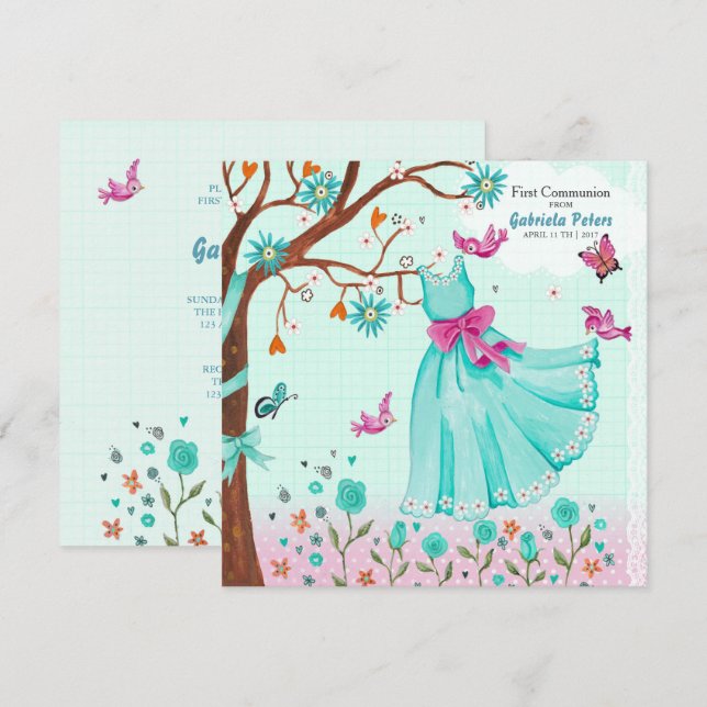 Première robe de communion | Invitations fille (Devant / Derrière)