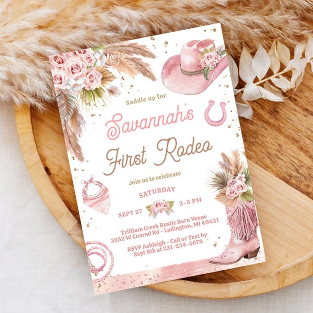 Première Rodéo de Boho rose 1er Invitation anniver (Pink Boho First Rodeo 1st Birthday Invitation)