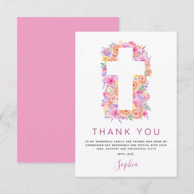 Première Sainte Communion Merci Floral Rose Rose (Devant / Derrière)