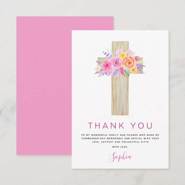 Première Sainte Communion Merci Floral Rose Rose (Devant / Derrière)