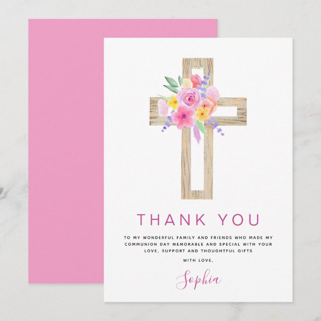 Première Sainte Communion Merci Floral Rose Rose (Devant / Derrière)