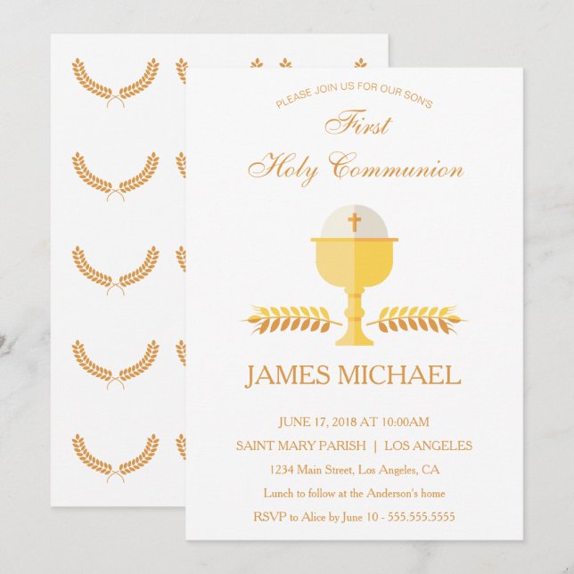 Première Sainte Communion Simple Invitation Dorée (Devant / Derrière)