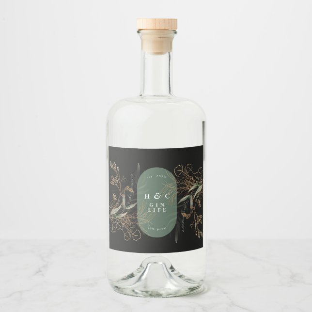 Premium Abstract Black Modern Eucalyptus Oval Gin Liquor Bottle Label (Front)