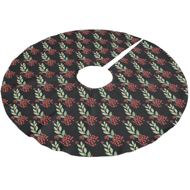 Premium Black Christmas Botanical Berries Holiday Brushed Polyester Tree Skirt (Angled)