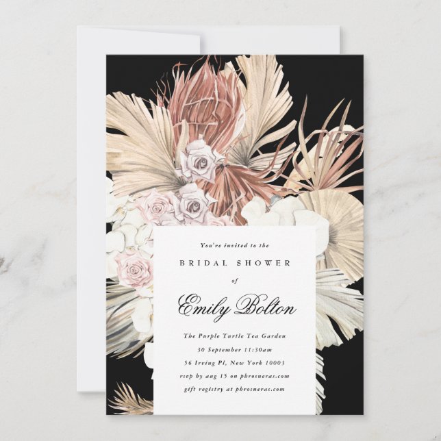 Premium Black Floral Pampas Bohemian Bridal Shower Invitation (Front)