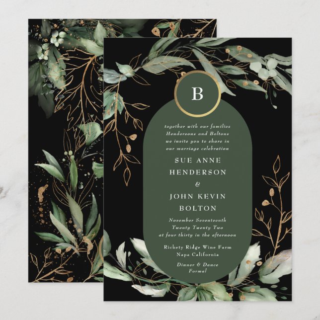 Premium Black Gold Botanical Eucalyptus Emerald Invitation (Front/Back)