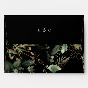Premium Black Gold Botanical Eucalyptus Monogram Envelope