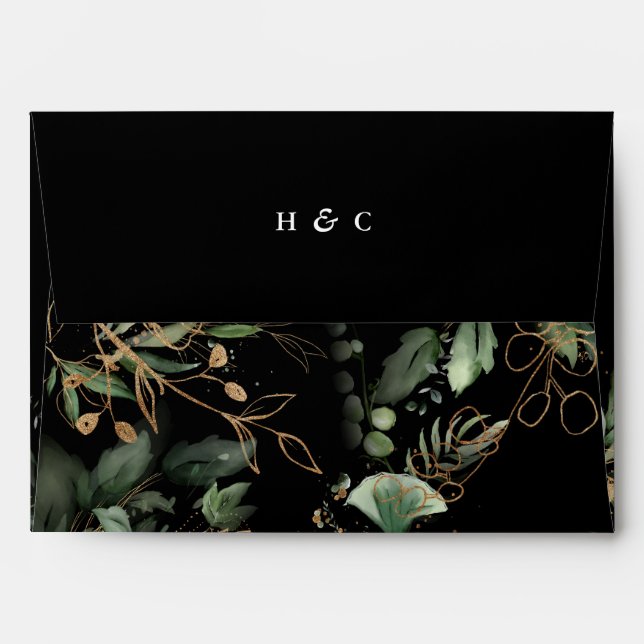 Premium Black Gold Botanical Eucalyptus Monogram Envelope (Back (Top Flap))