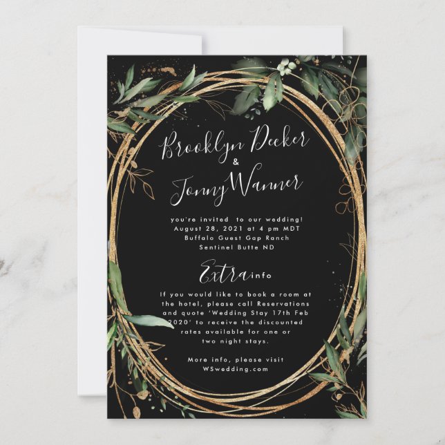 Premium Black Gold Eucalyptus Details Back Wedding Invitation (Front)