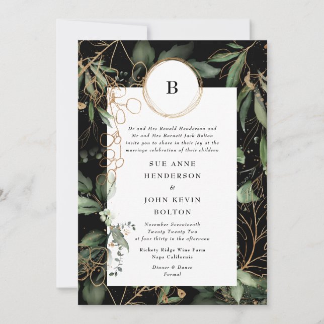 Premium Black Gold Monogram Botanical Eucalyptus Invitation (Front)