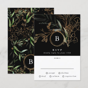 Premium Black Gold Monogram Eucalyptus Wedding RSVP Card