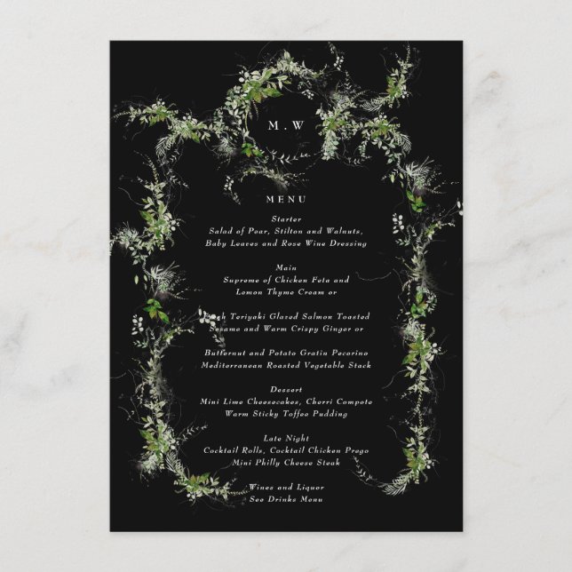 Premium Black Monogram Eucalyptus Wreath Wedding Menu (Front)