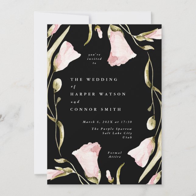 Premium Black Pampas Boho Wildflower Wedding Invitation (Front)