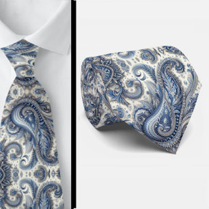 Premium Blue and White Diamond Paisley Neck Tie