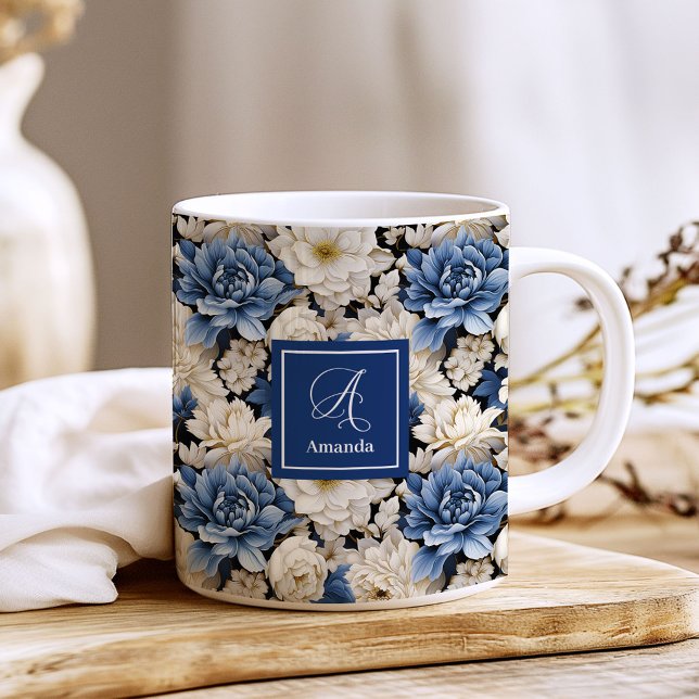 Premium Blue White Flowers Custom Name Coffee Mug (Premium Blue White Flowers Custom Name Coffee Mug)